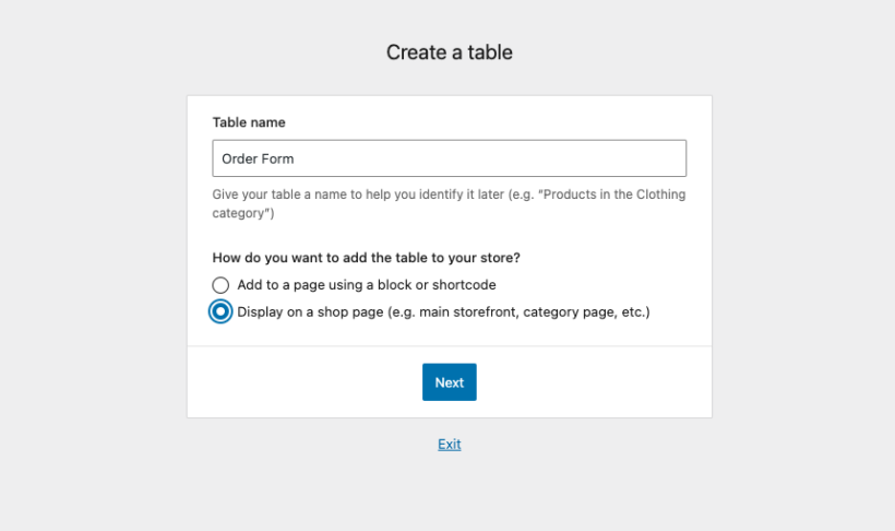 select the second option to "Display table on a shop page"